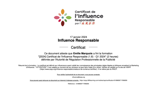 ARPP - Certificat de l'influence responsable - Emilie Marquois